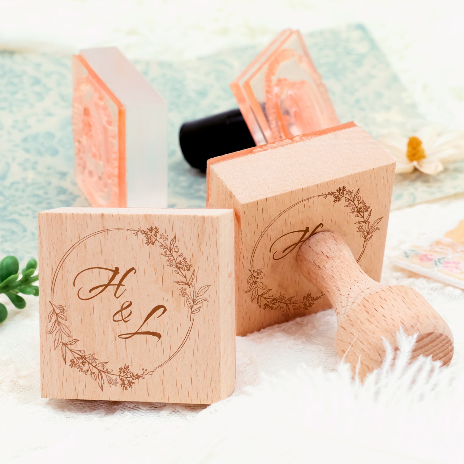 Custom Botanical Wedding Monogram Rubber Stamp -SKU4 3