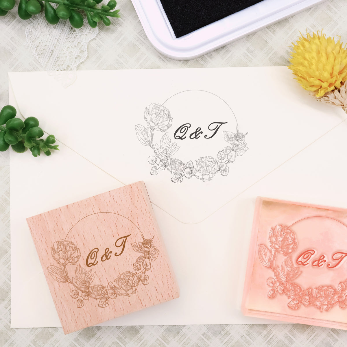 Custom Botanical Wedding Monogram Rubber Stamp -SKU16 4