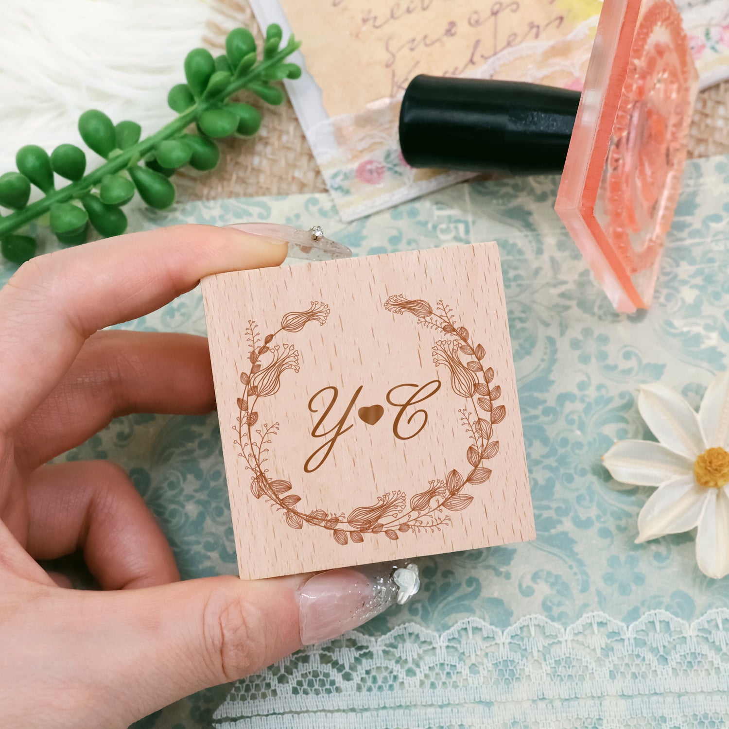 Custom Botanical Wedding Monogram Rubber Stamp -SKU17 2