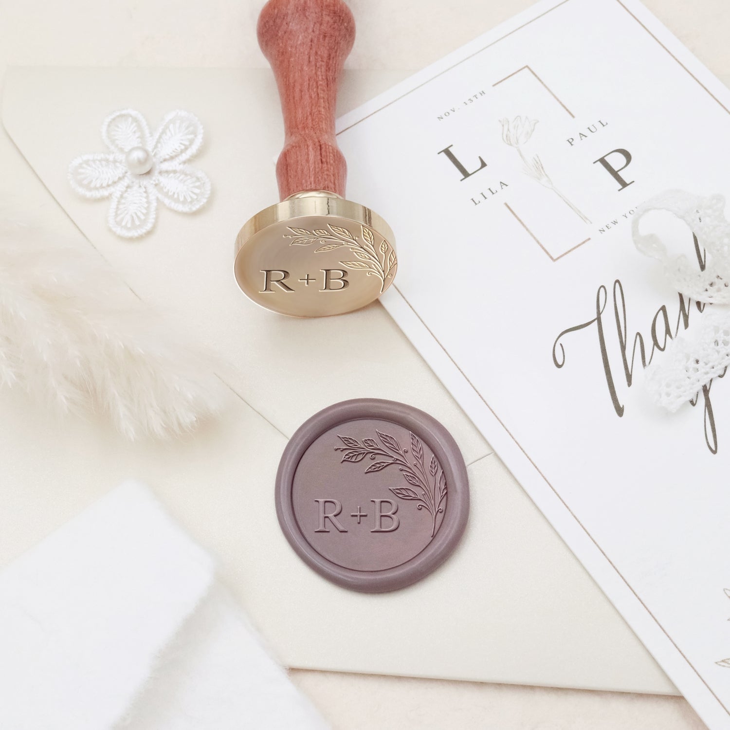 Carimbo de Sinete de Lacre com Monograma Botânico Personalizado sem Bordas para Casamento - Estilo 5 3