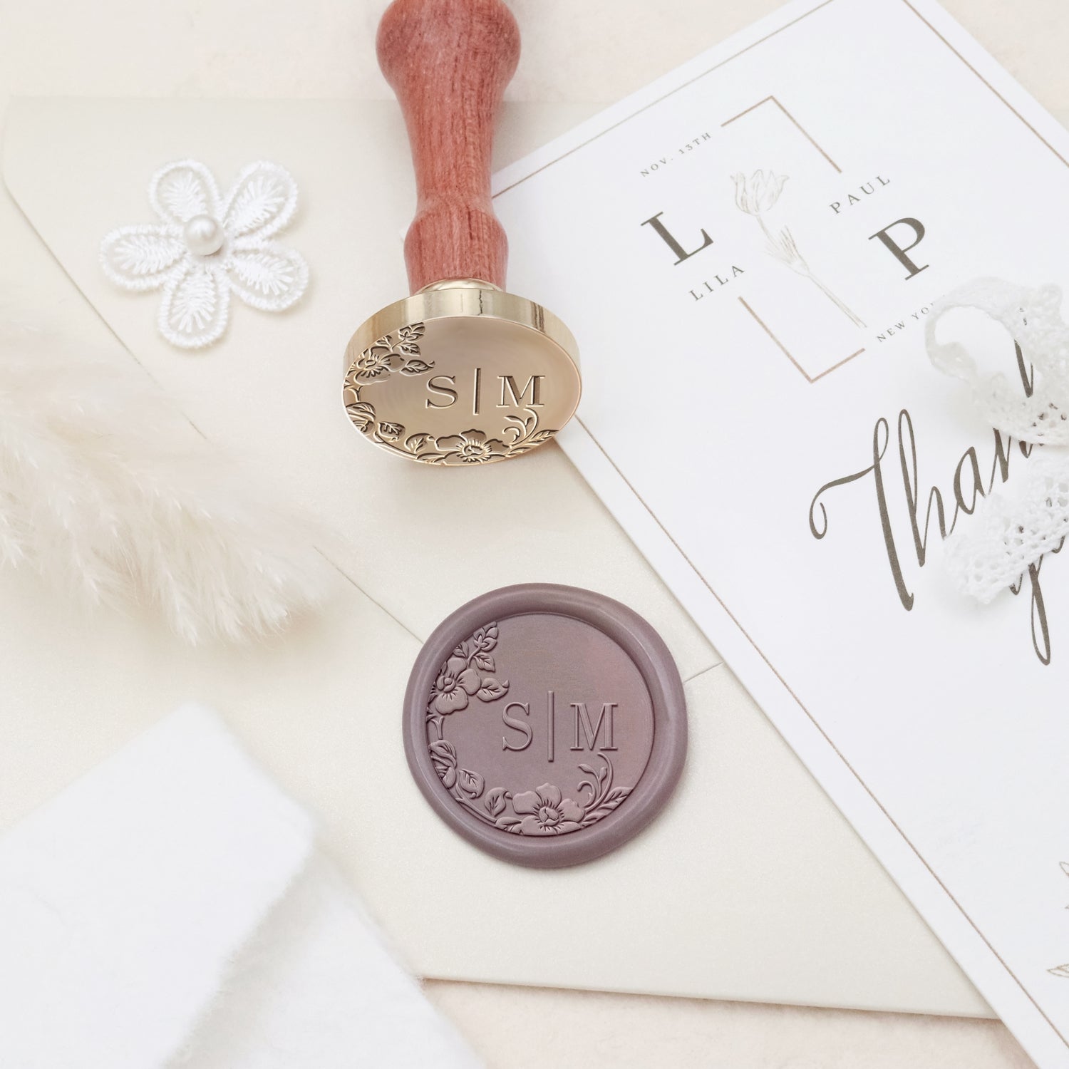 Carimbo de Sinete de Lacre Personalizado sem Bordas Botânico para Casamento com Monograma - Estilo 22 3