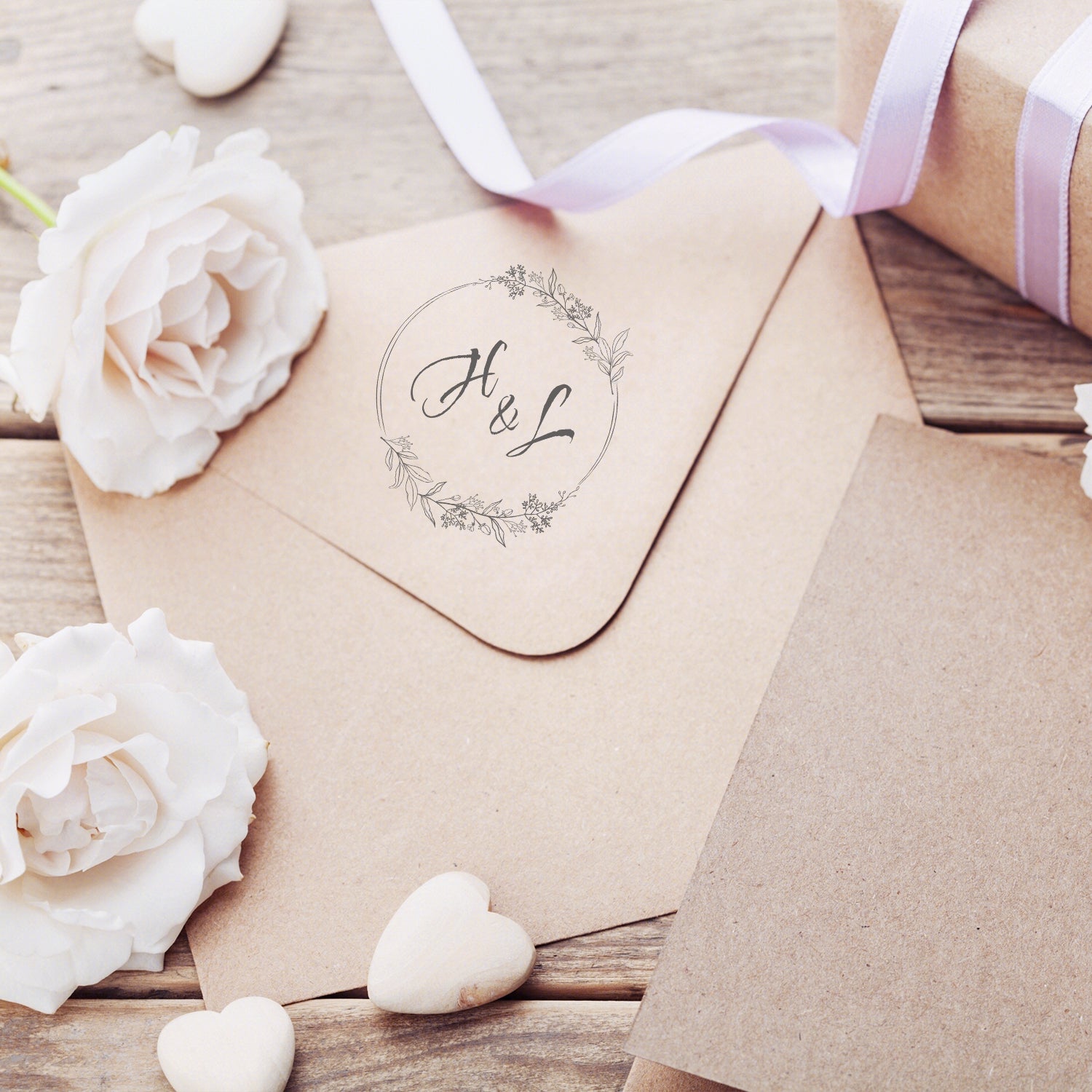 Custom Botanical Wedding Monogram Rubber Stamp - Style 4 wd3