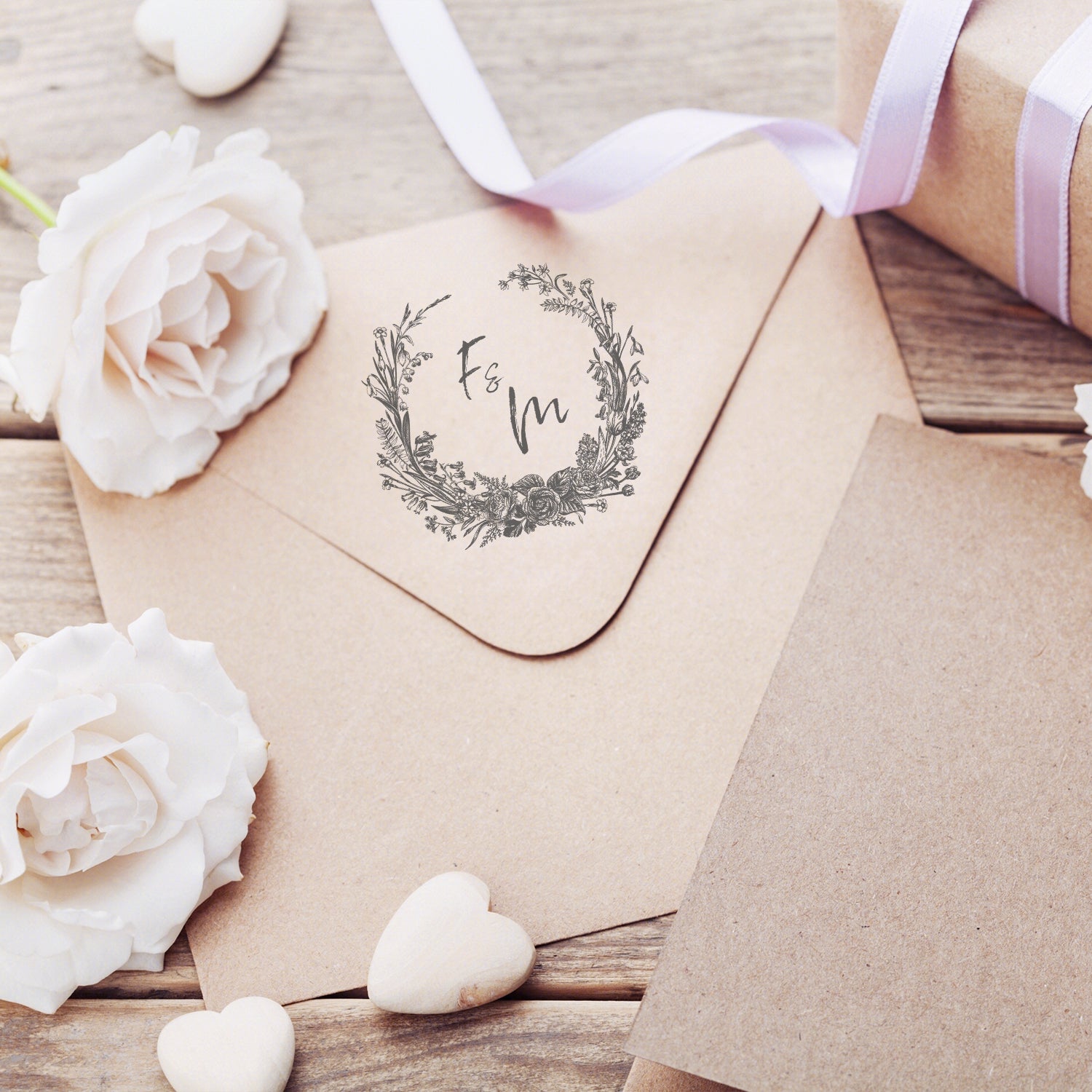 Carimbo de Borracha com Monograma Botânico Personalizado para Casamento - Estilo 11 wd3