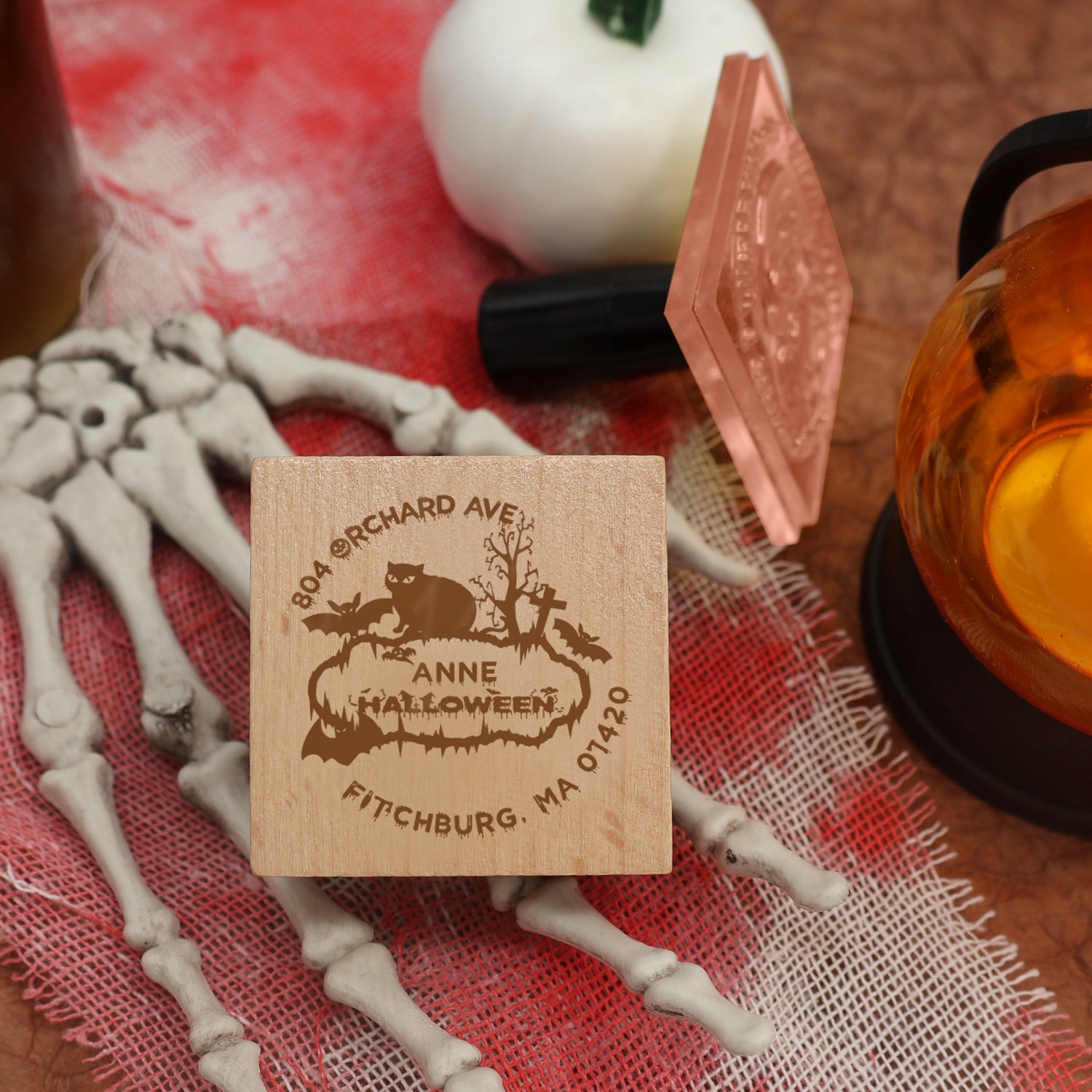 Carimbo de Borracha de Morada Personalizado de Morcego e Gato do Halloween1