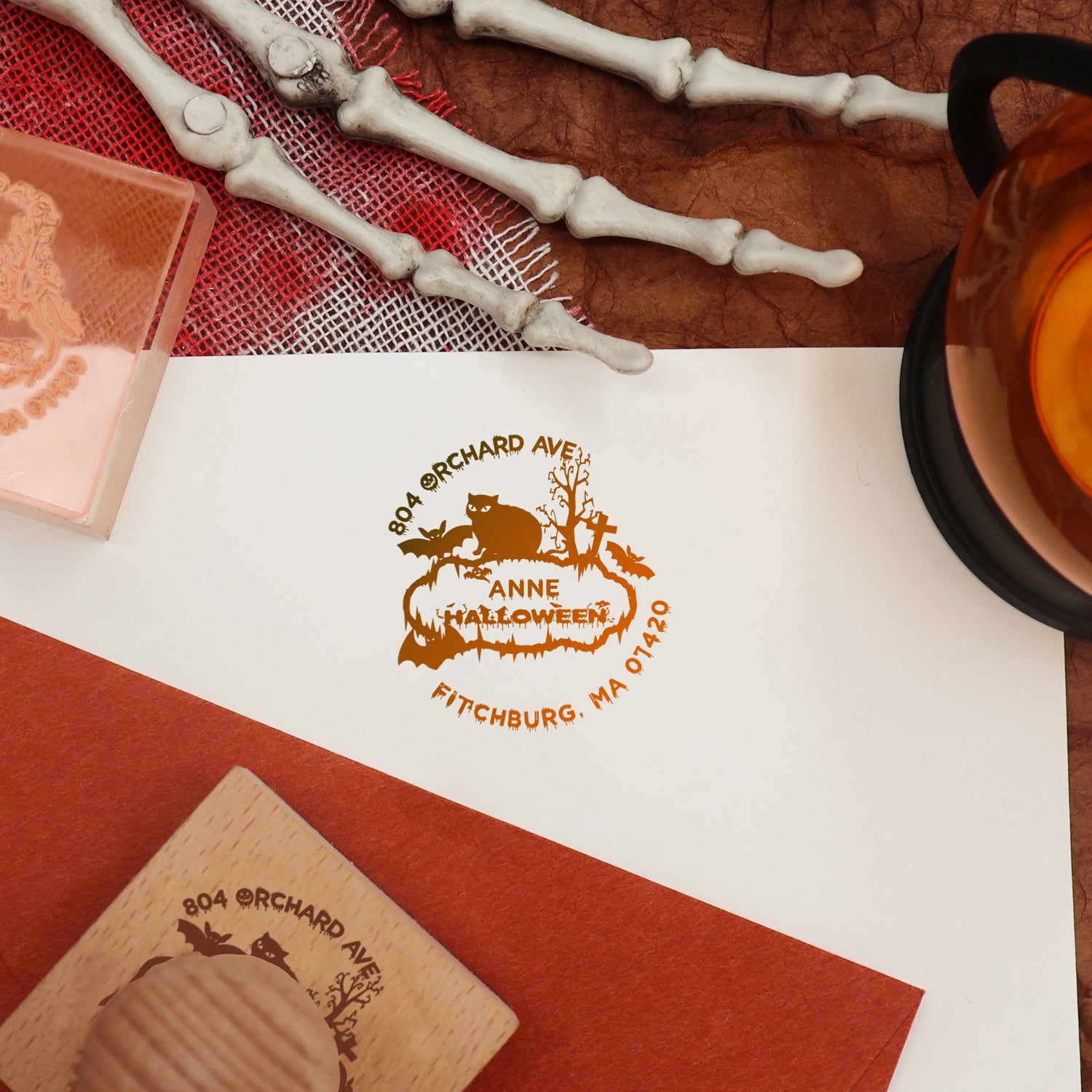 Carimbo de Borracha de Morada de Halloween com Morcego e Gato Personalizado2