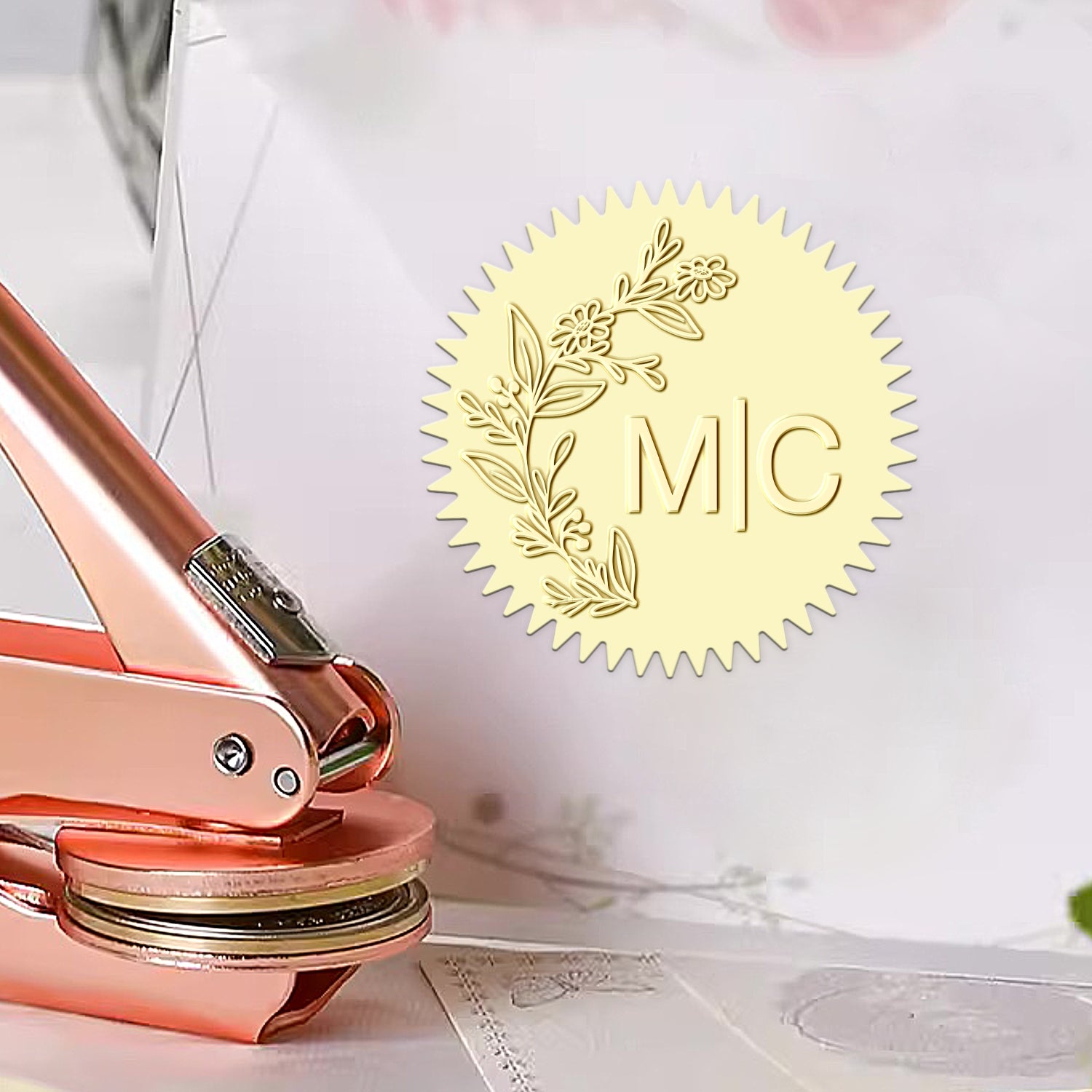 Chancela de Monograma de Casamento com Iniciais Botânicas Personalizadas - Estilo 3 Chancela de Monograma de Casamento com Iniciais Botânicas Personalizadas - Estilo 313 21