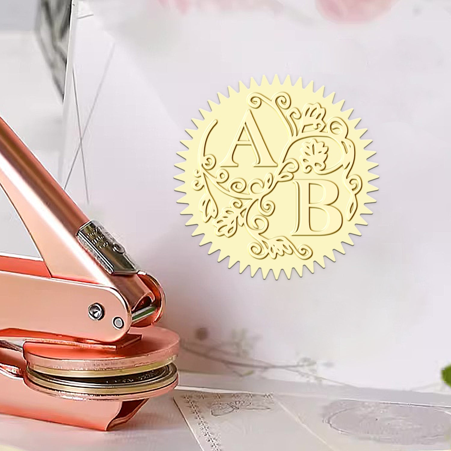 Custom Diagonal Initials and Botanical Circle Monogram Embosser 1-321