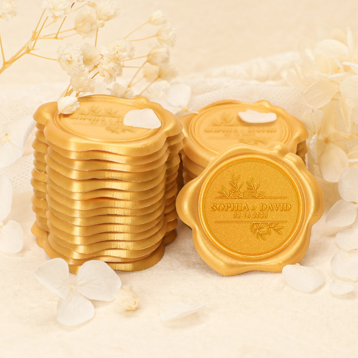 Adesivos de Sinete de Lacre Personalizados com Folhas para Casamento com Nome e Data 2-8