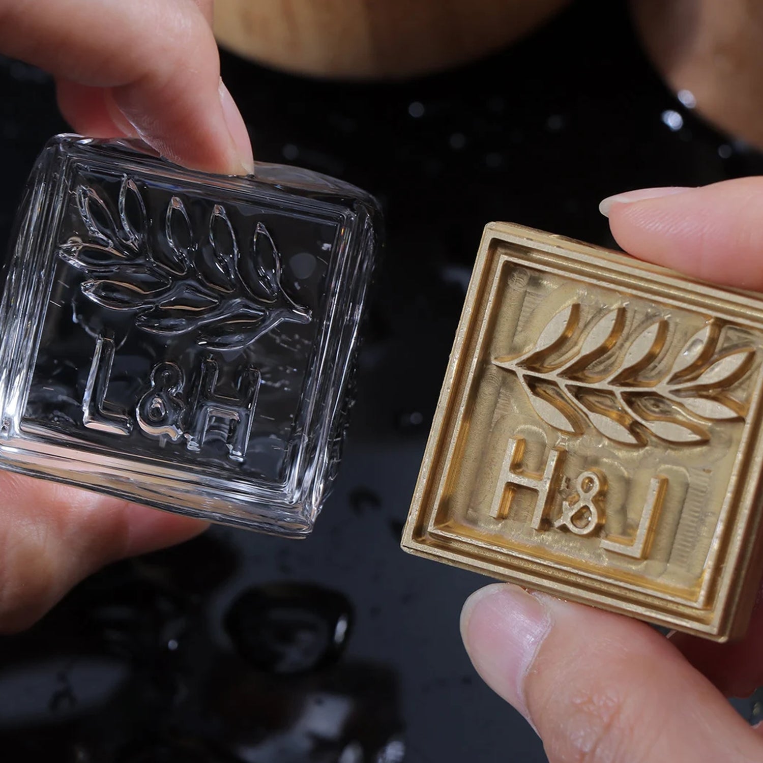 Square Laurel Double Monogram Brass Ice Stamp for Bartender & Planner1